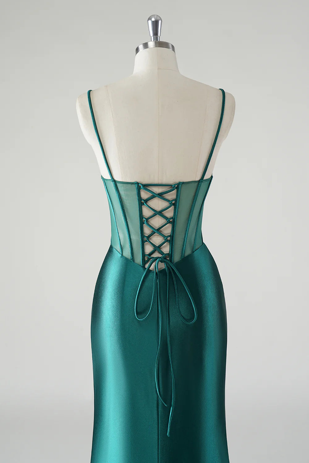 Dark Green Mermaid Spaghetti Straps Corset Long Prom Dress with Slit