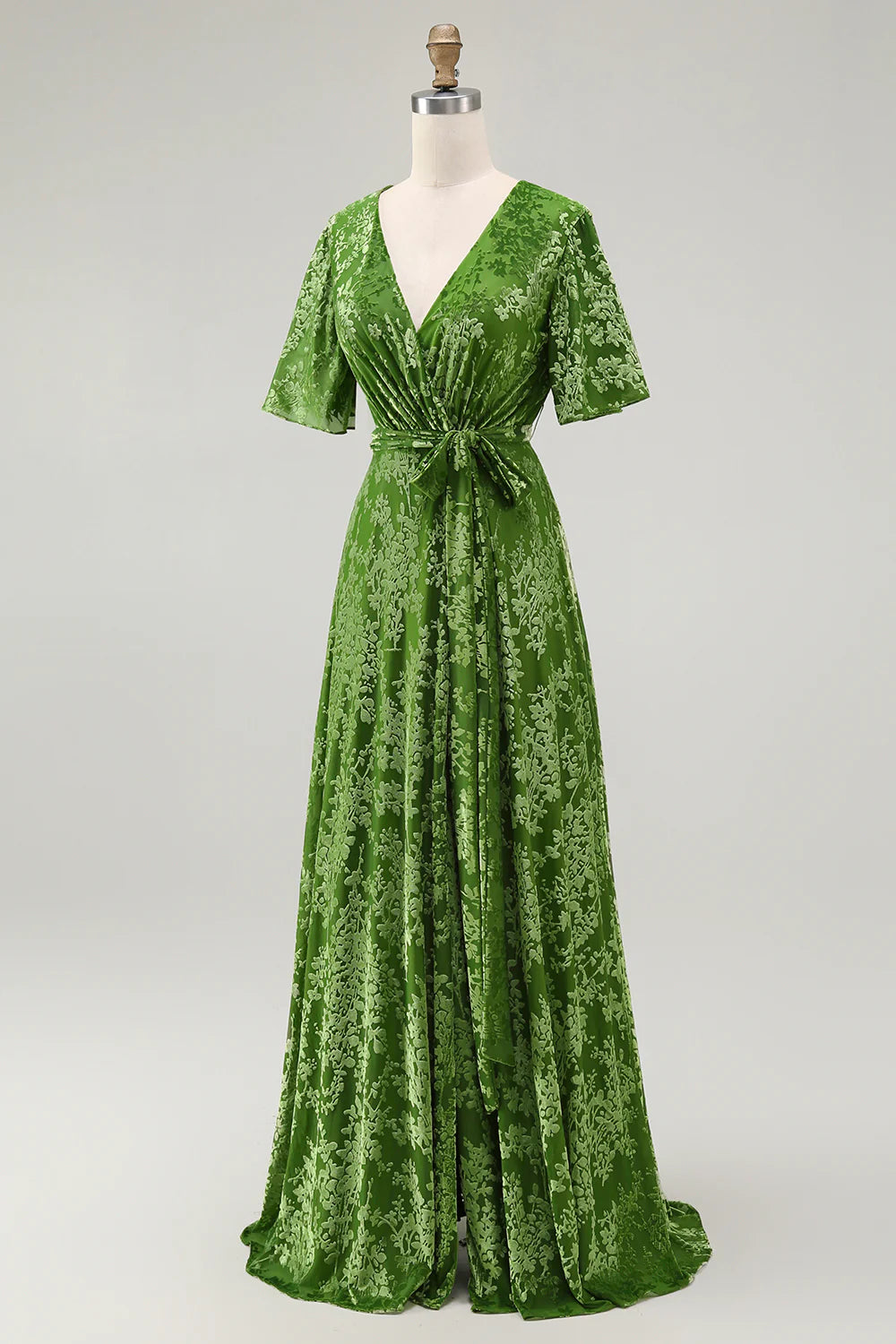 A Line V Neck Dark Green Burnout Velvet Floor Length Dress with Short Sleeves