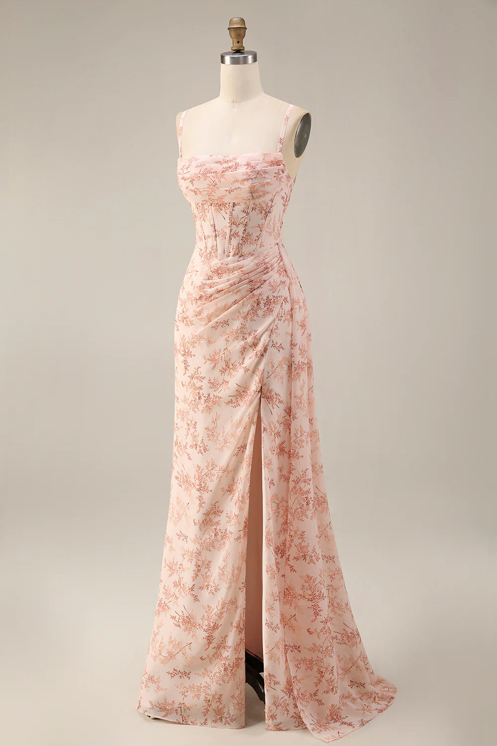 Dusty Sage Sheath Spaghetti Straps Pleated Long Bridesmaid Dress with Slit