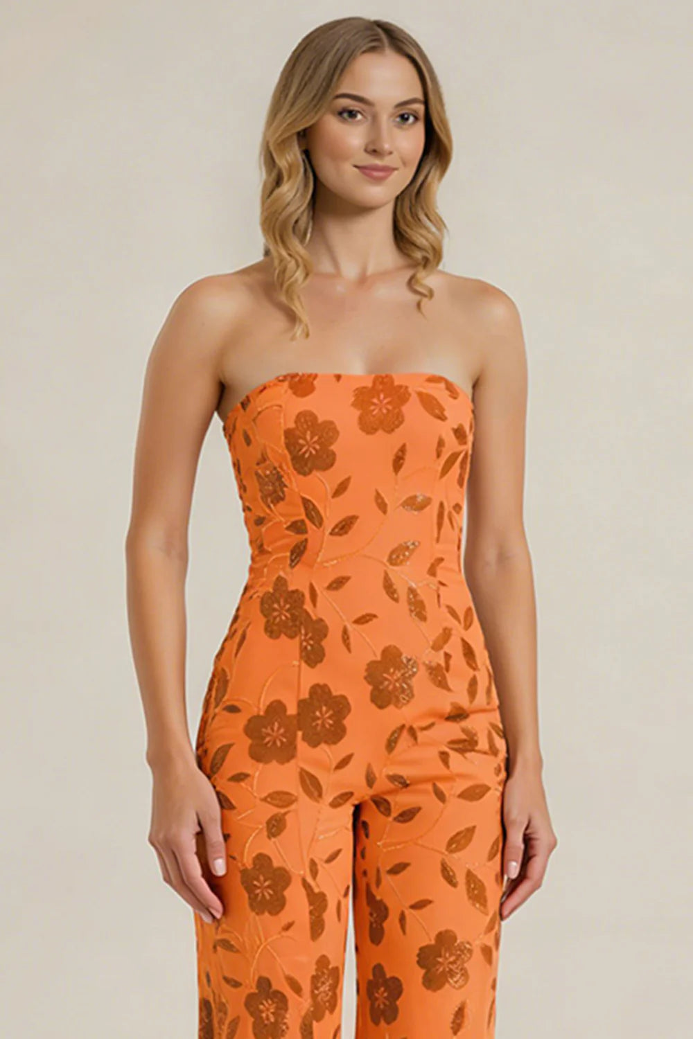 Strapless Orange Floral Sequin Wedding Guest Jumpsuit