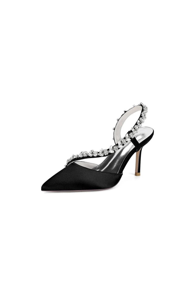 White Satin High Heels with Crystal Embellishments