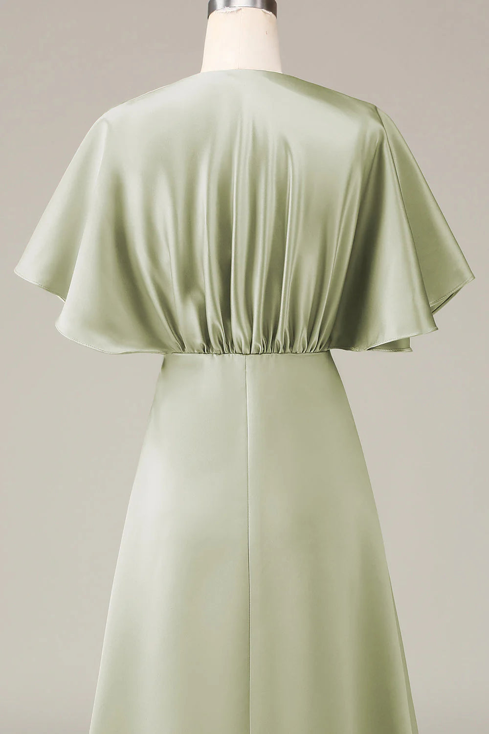 Dusty Sage A Line V Neck Satin Bridesmaid Dress With Short Sleeves