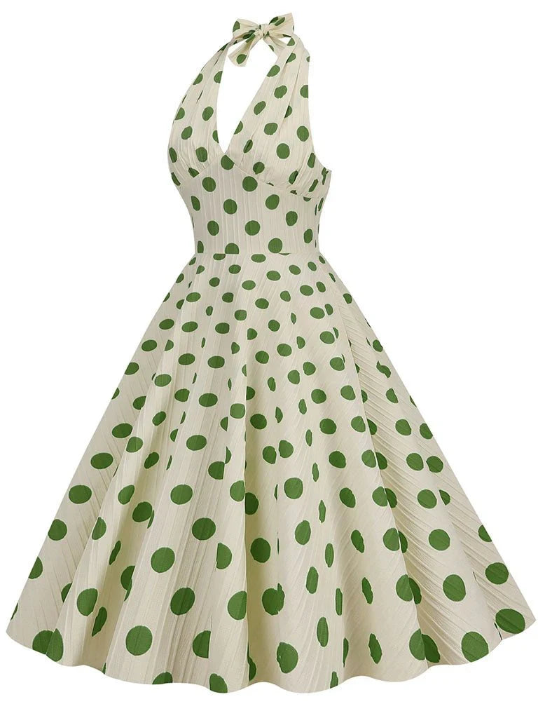 Polka Dots Halter Audrey Hepburn Style 1950S Vintage Dress With Bow Backless