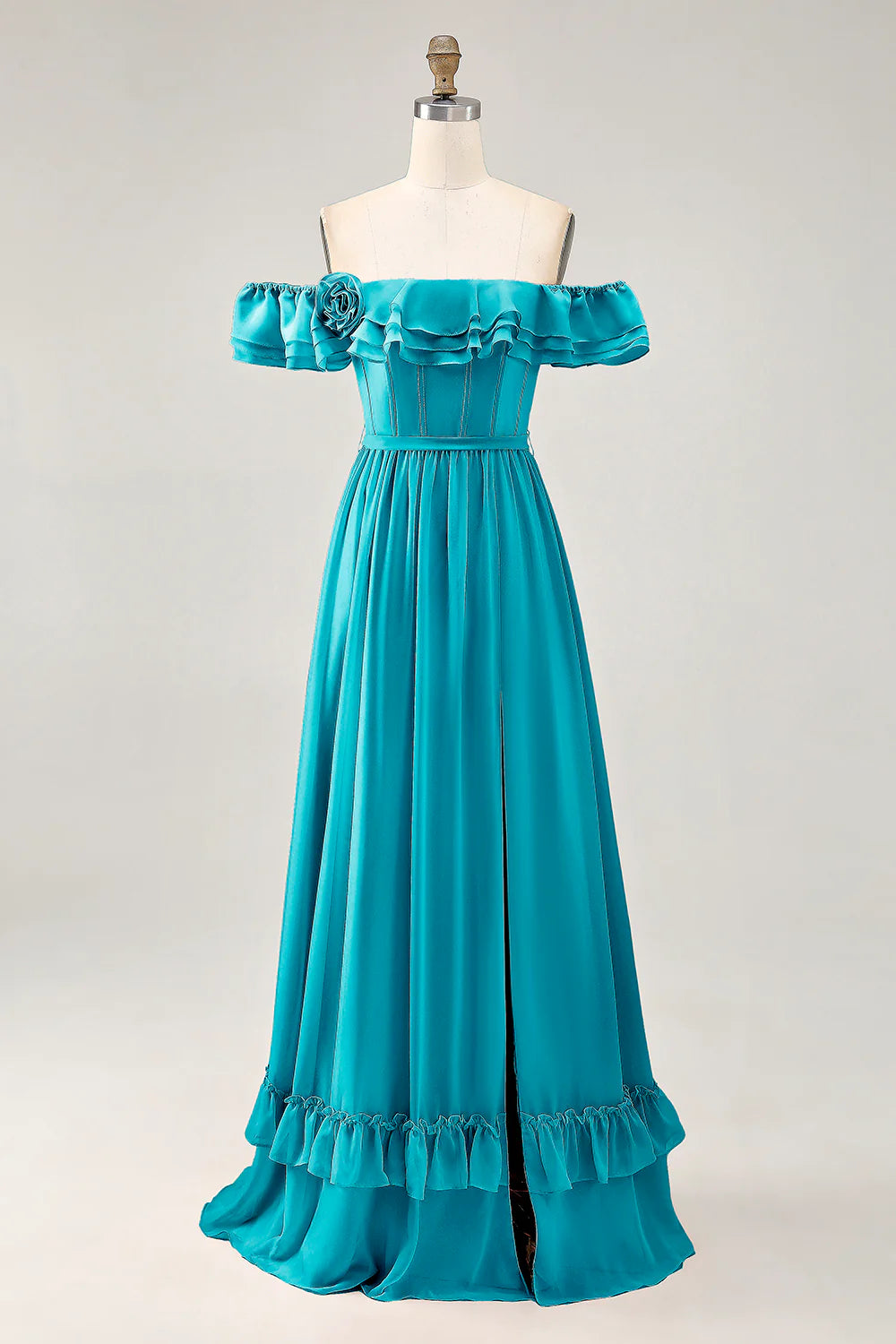 Royal Blue A line Off The Shoulder Chiffon Long Bridesmaid Dress with Slit