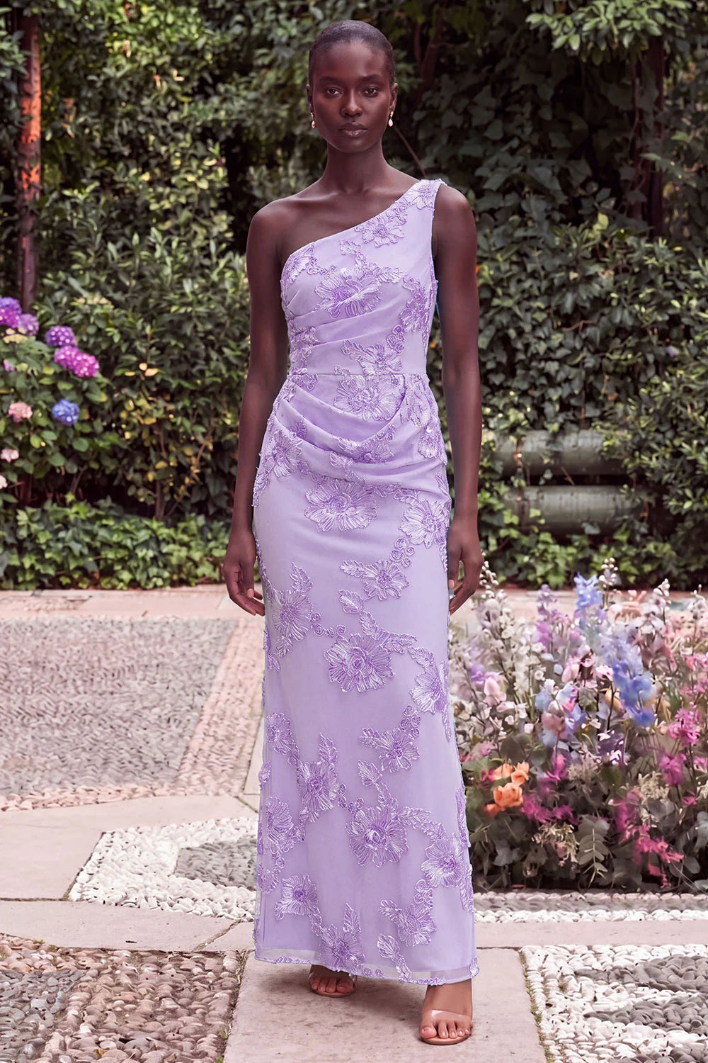 Sage Floral Embroidery One Shoulder Mermaid Wedding Guest Dress