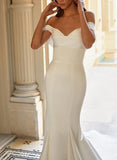 Trumpet Mermaid Off the Shoulder Sweep Train Satin Wedding Dress