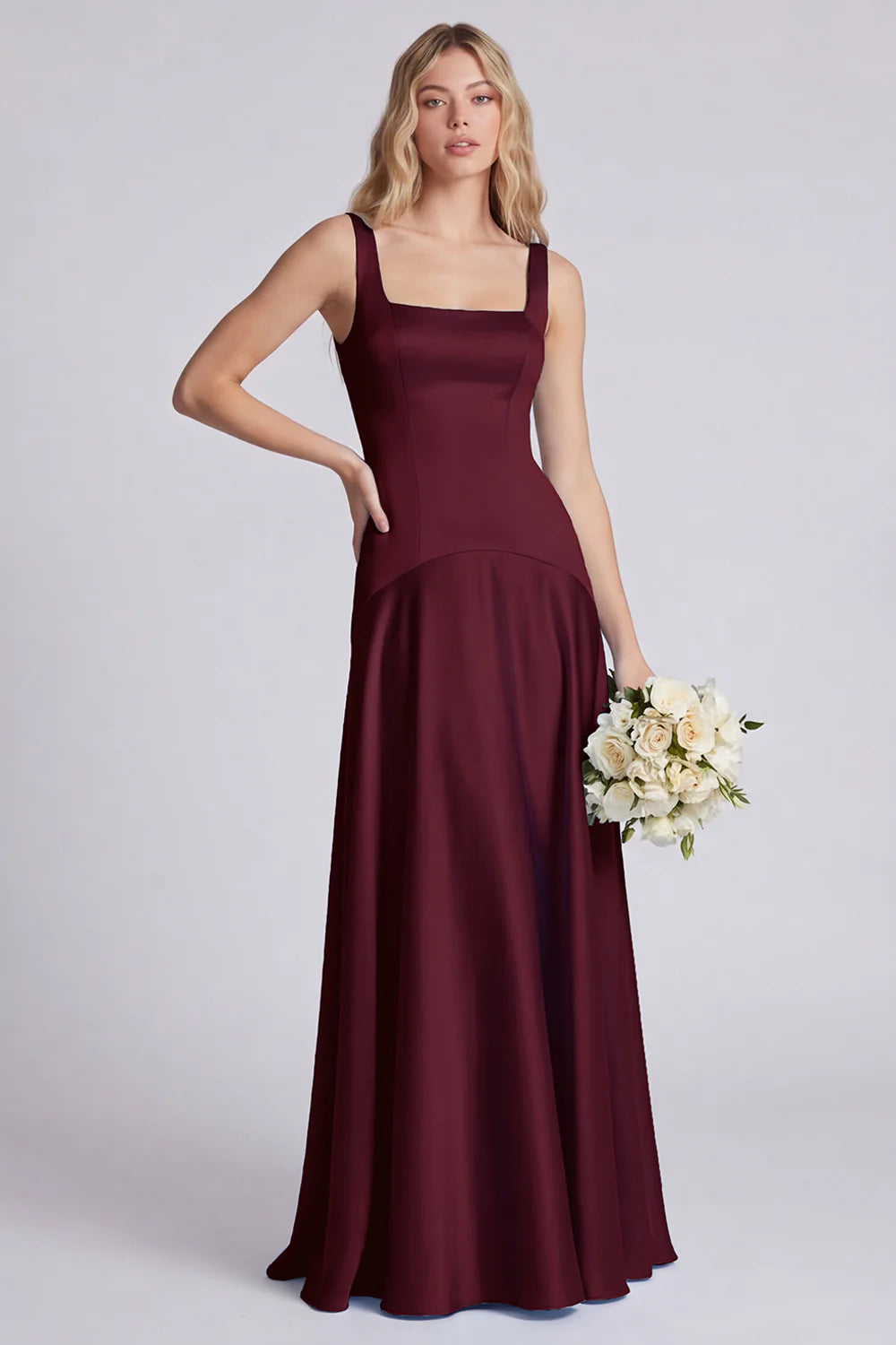 Eucalyptus Square Neck A Line Satin Long Bridesmaid Dress