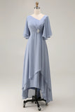 Dusty Blue A Line Chiffon V Neck Ruched Mother Of The Bride Dress with Short Sleeves