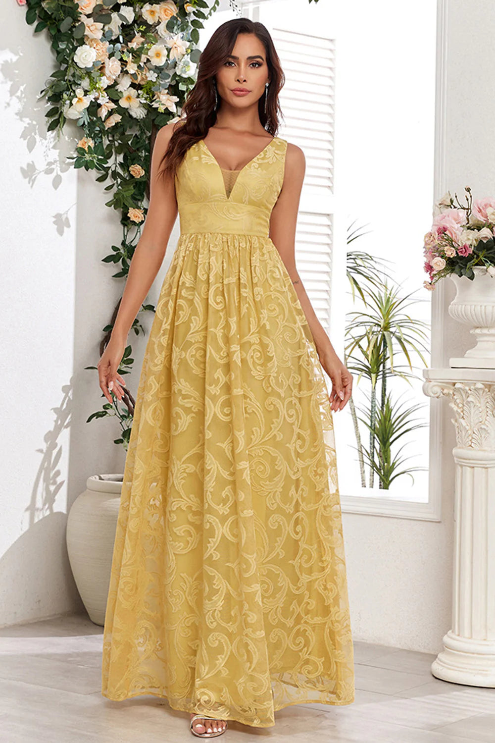 Yellow A Line V Neck Wedding Party Guest Dress With Appliques