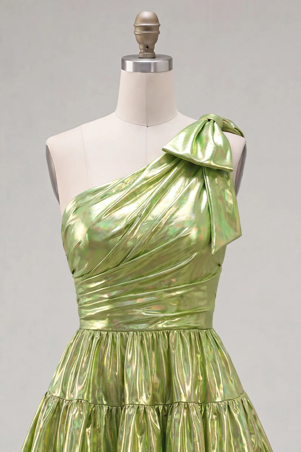 Green One Shoulder Metallic A Line Tiered Short Homecoming Dress