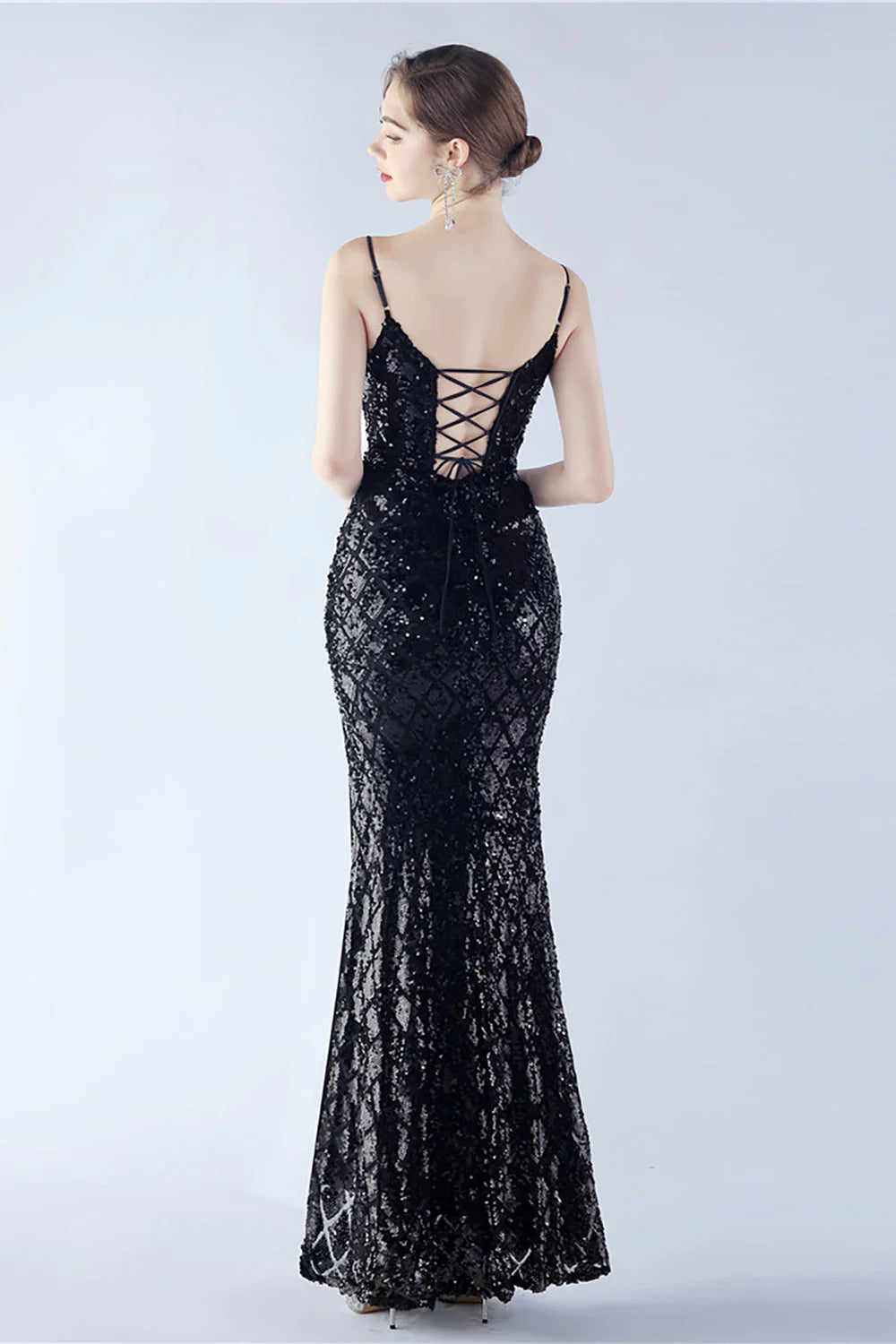 Burgundy Sheath Spaghetti Straps V neck Sequin Formal Dress with Slit