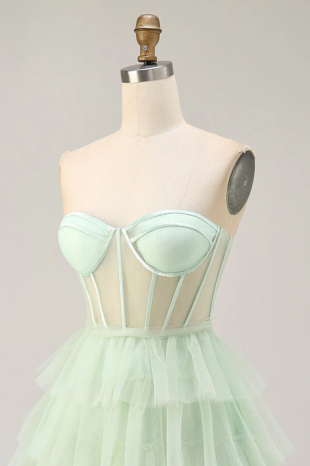 Light Green A Line Strapless Sheer Corset Tiered Short Homecoming Dress