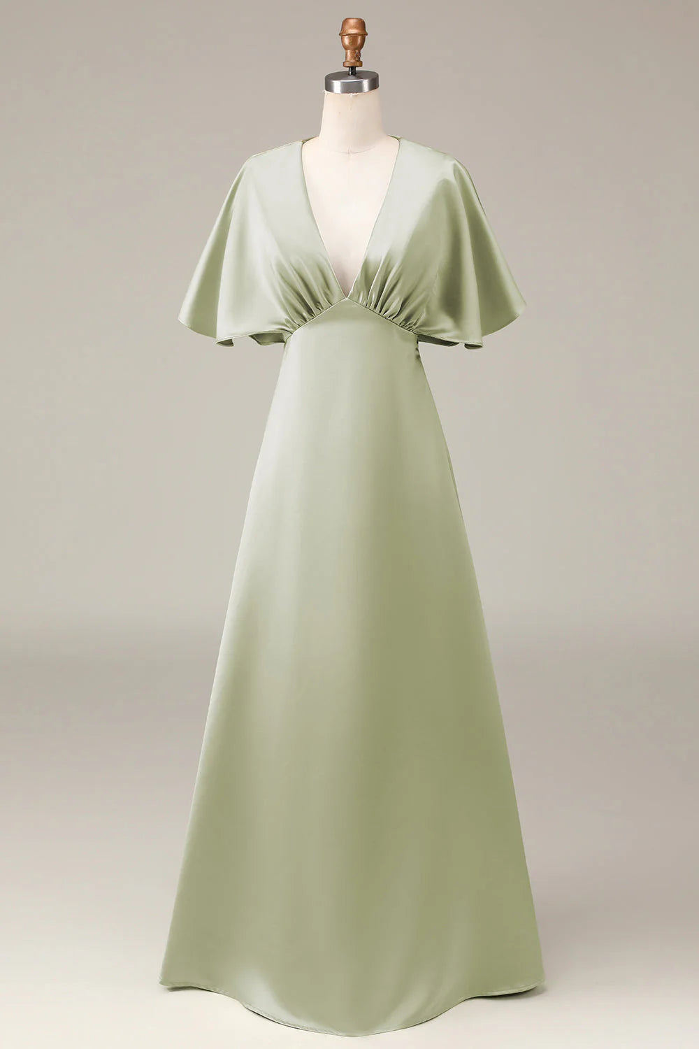 Dusty Sage A Line V Neck Satin Bridesmaid Dress With Short Sleeves