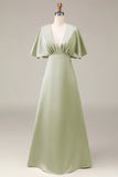 Dusty Sage A Line V Neck Satin Bridesmaid Dress With Short Sleeves