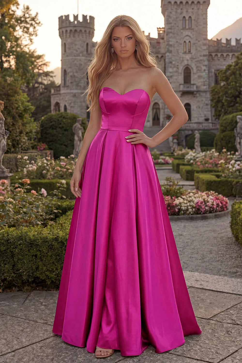 Fuchsia Strapless A Line Satin Maxi Prom Dress