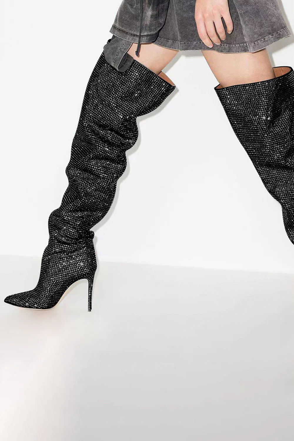 Sparkly Silver Knee High Stiletto High Heel Boots with Rhinestones
