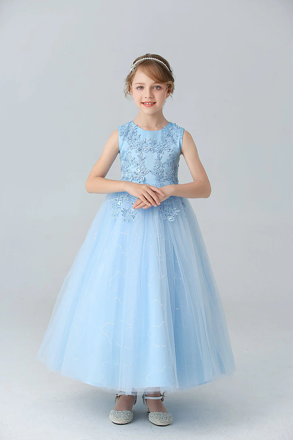 White A Line Beaded Tulle Flower Girl Dress With Appliques