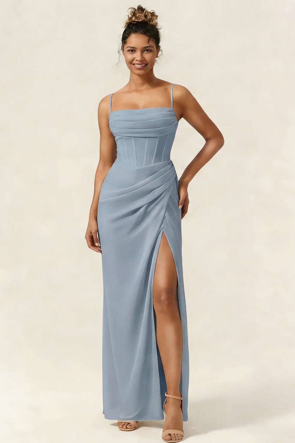 Green Flower Mermaid Corset Chiffon Long Bridesmaid Dress with Slit