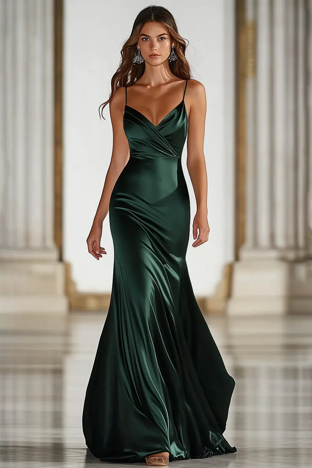 Dark Green Mermaid Spaghetti Straps Satin Long Gala Dress