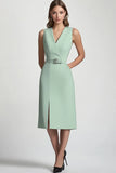 Mint Green A Line V Neck Midi Formal Dress With Belt