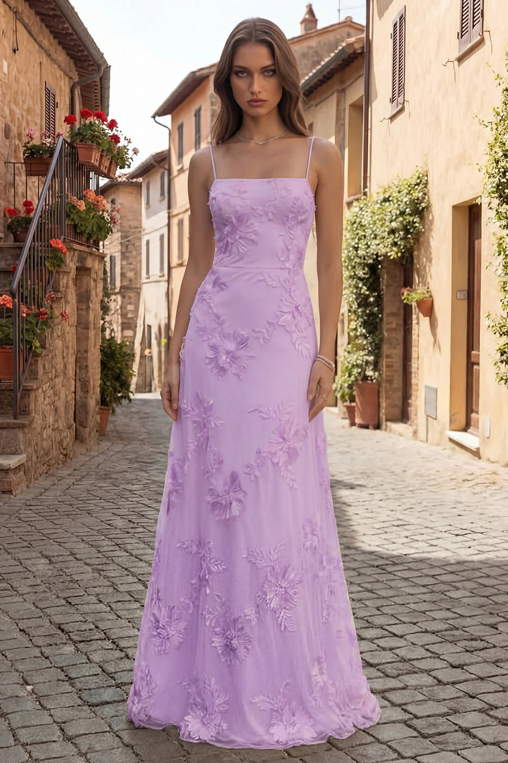 Lilac Appliqued Spaghetti Straps Long Prom Dress