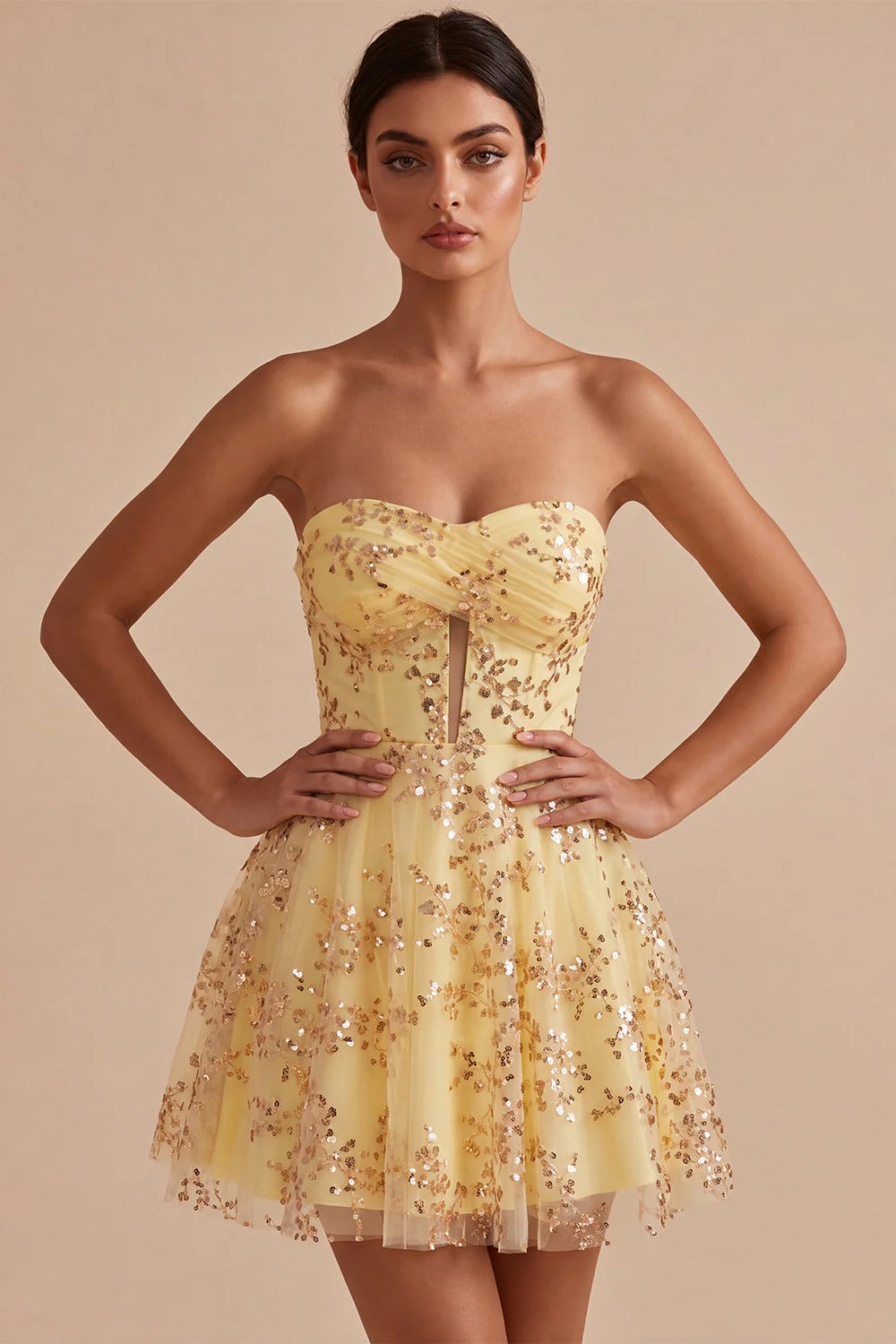 Strapless A Line Corset Sequin Yellow Homecoming Dress