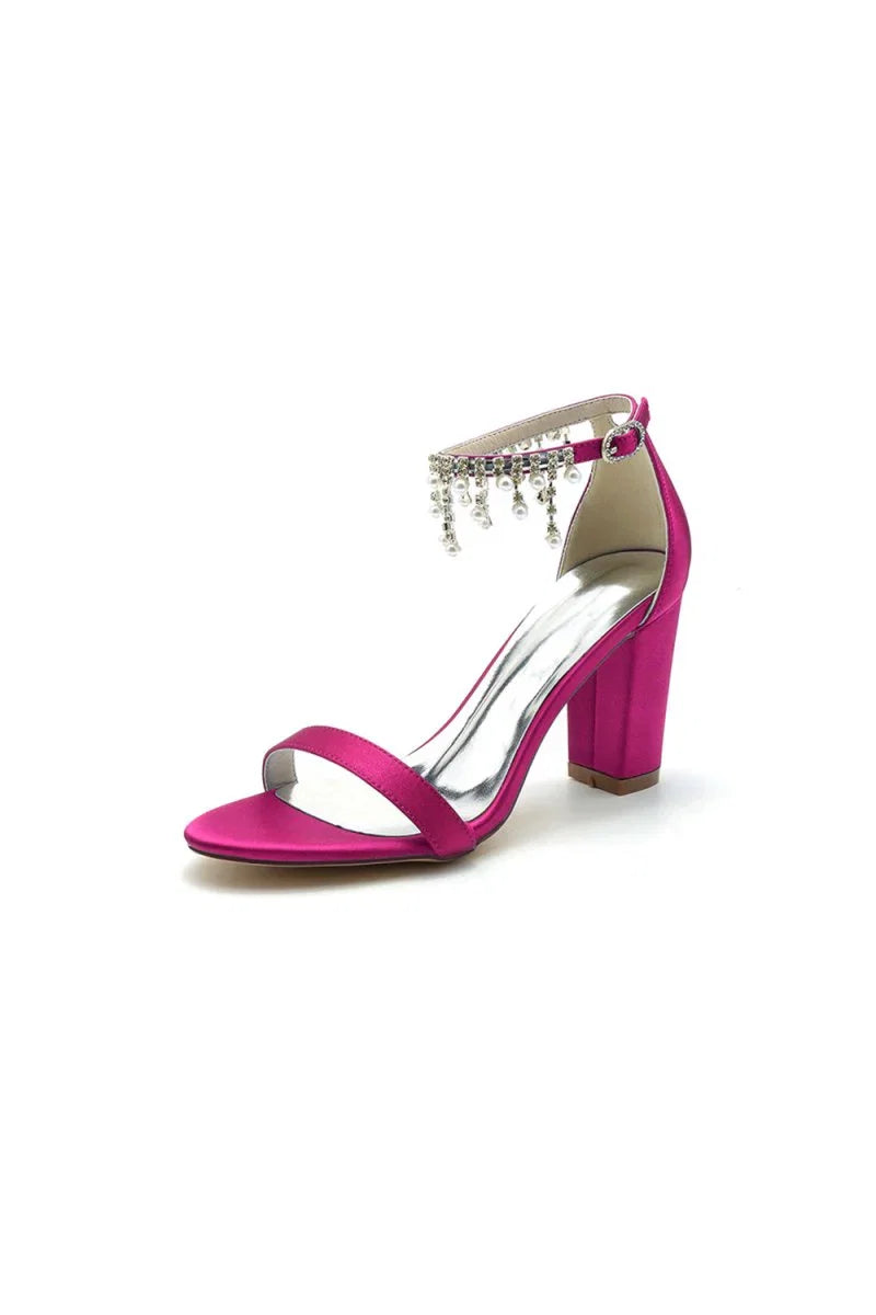 Open Toe Block Heels with Rhinestone Tassel
