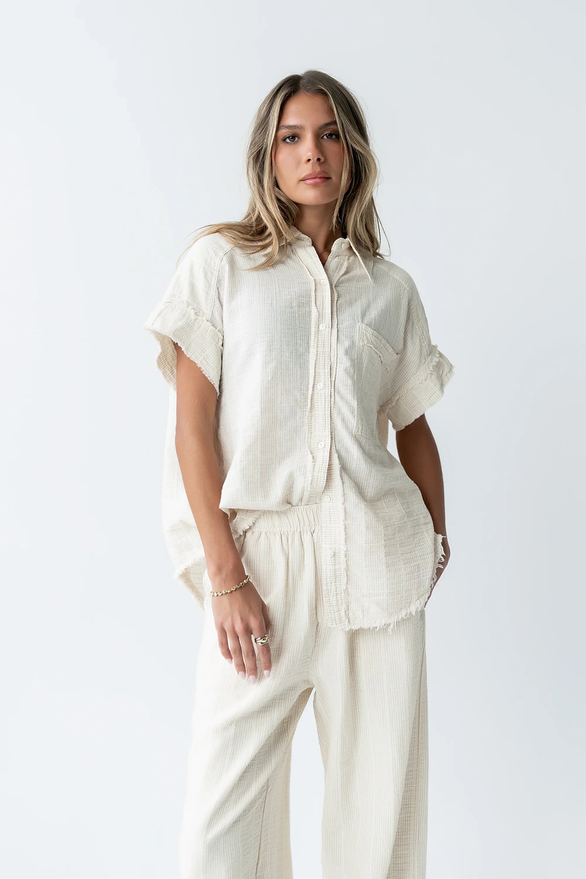 Belen Striped Button Up in Taupe