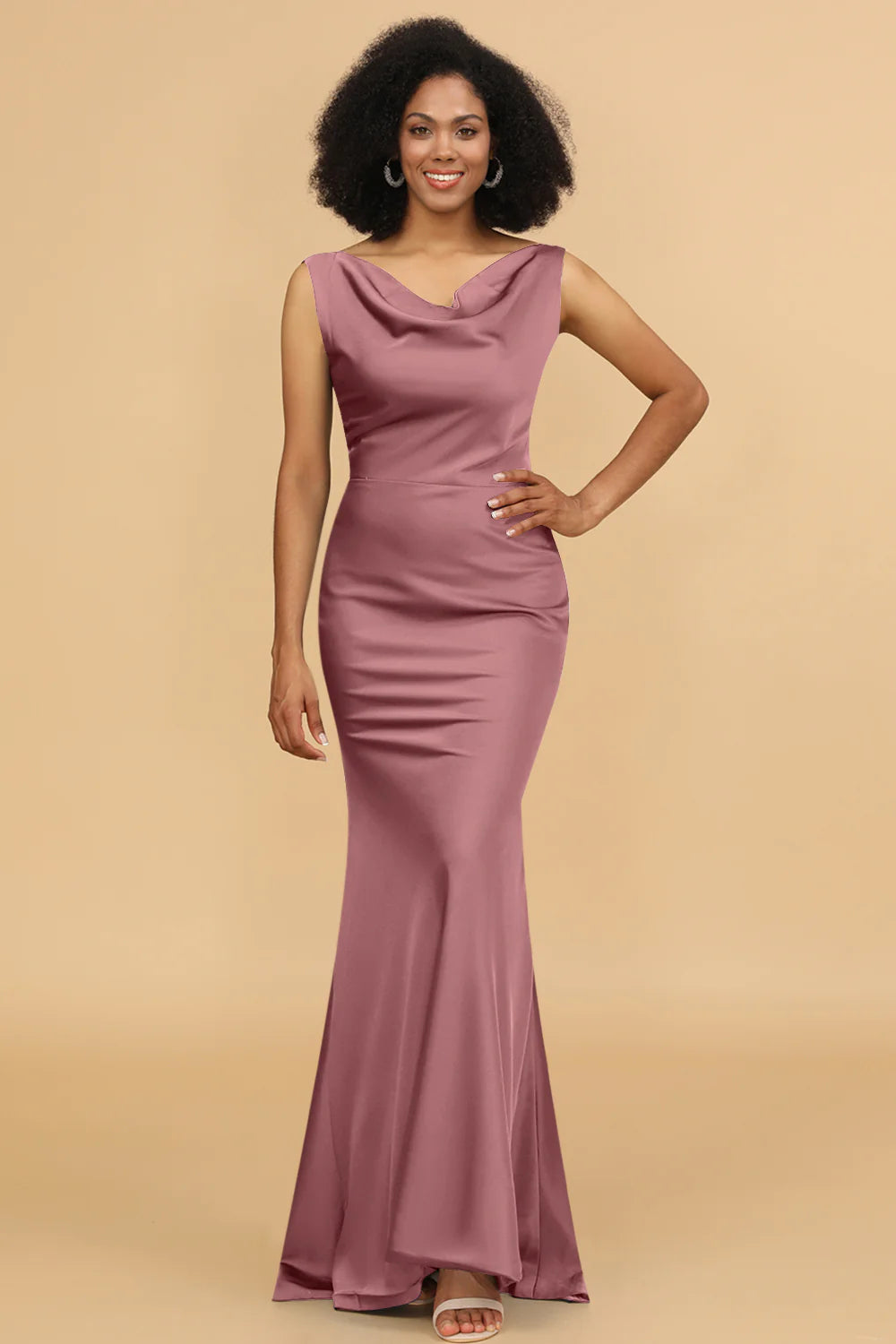 Mermaid Cowl Neck Backless Long Satin Bridesmaid Dress