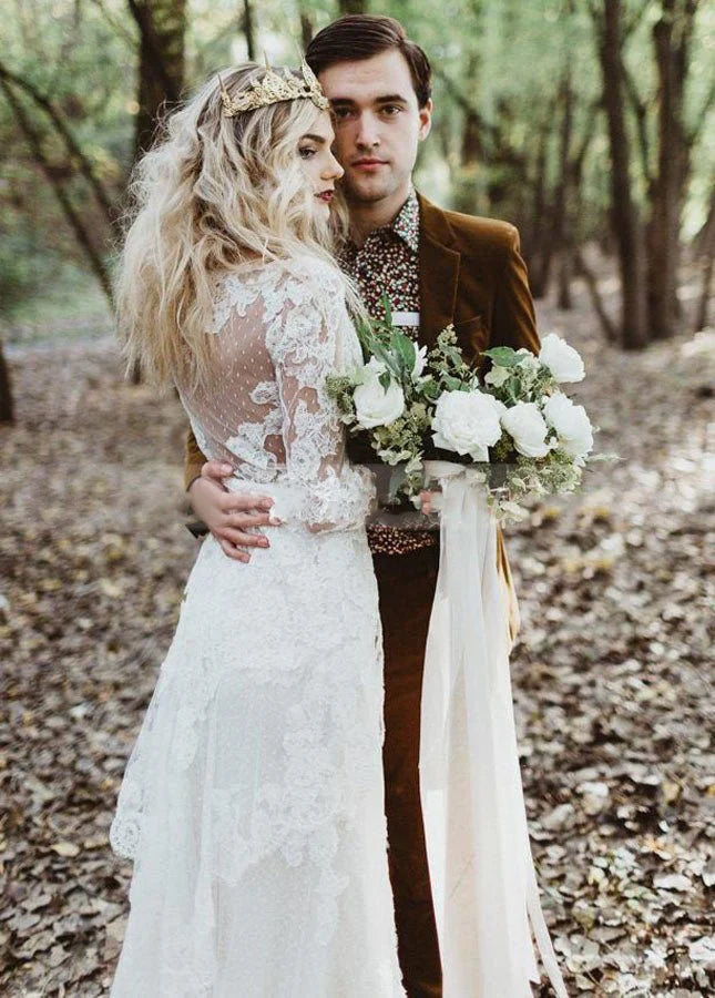 Tulle A Line Lace Appliques 3 4 Sleeve V Neck Romantic Bridal Wedding Gowns