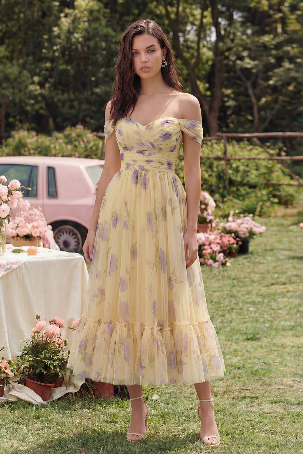 Off the Shoulder Yellow Floral A Line Midi Wedding Guest Dress