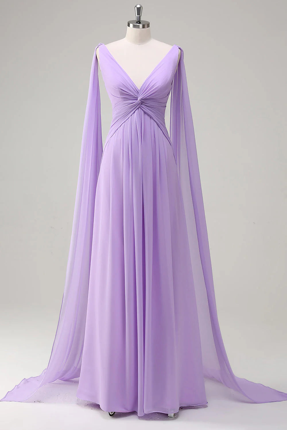 Elegant Lilac A Line V Neck Chiffon Long Bridesmaid Dress with Flowing Cape Sleeves