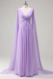 Elegant Lilac A Line V Neck Chiffon Long Bridesmaid Dress with Flowing Cape Sleeves