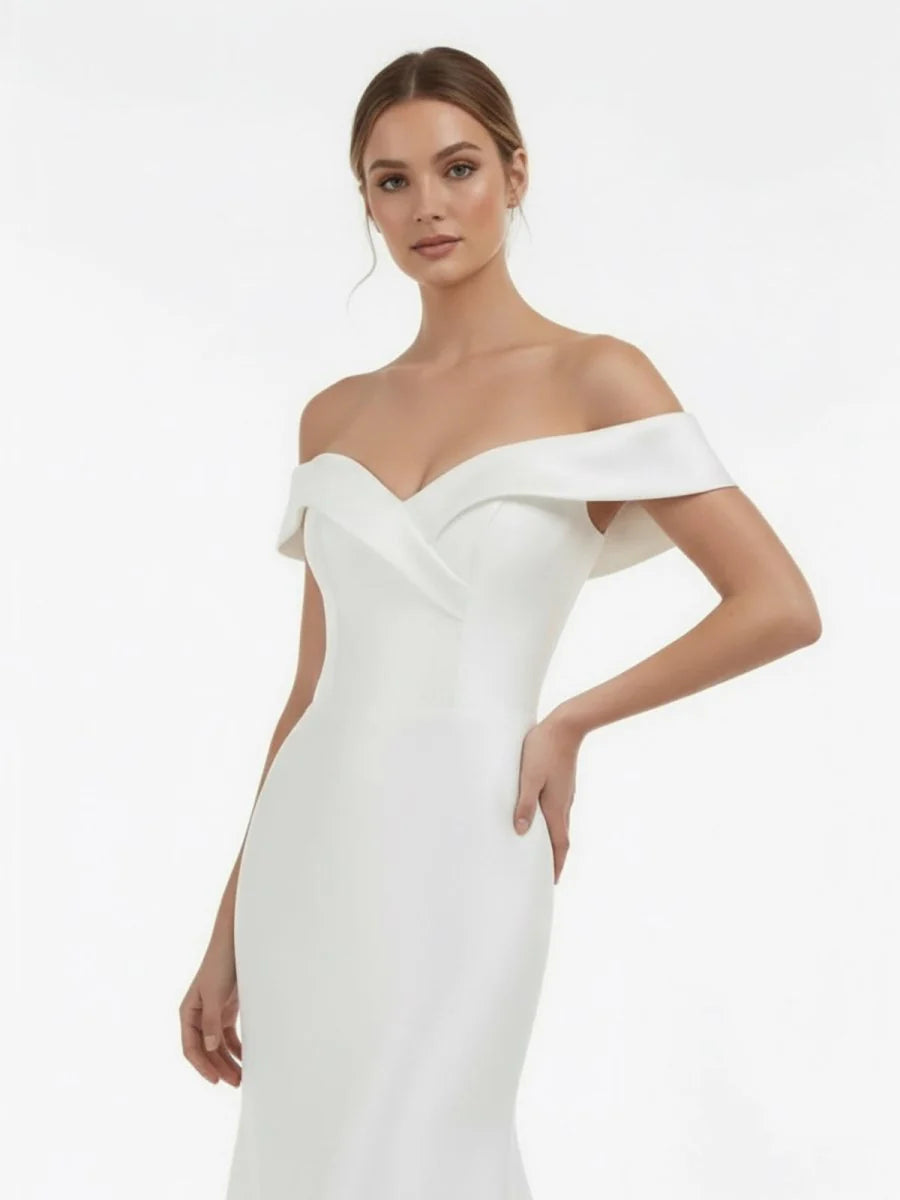 Chic Satin Off the Shoulder Sleeveless Sweep Train Bridal Dress