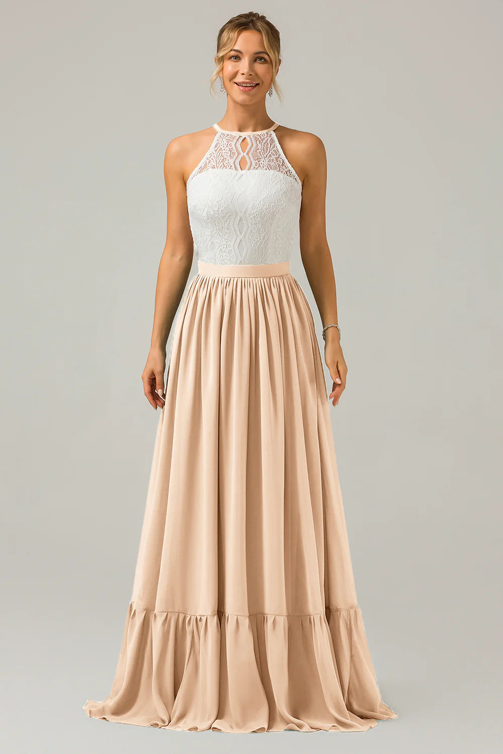 A Line Halter Pleated Keyhole Chiffon Bridesmaid Dress With Lace