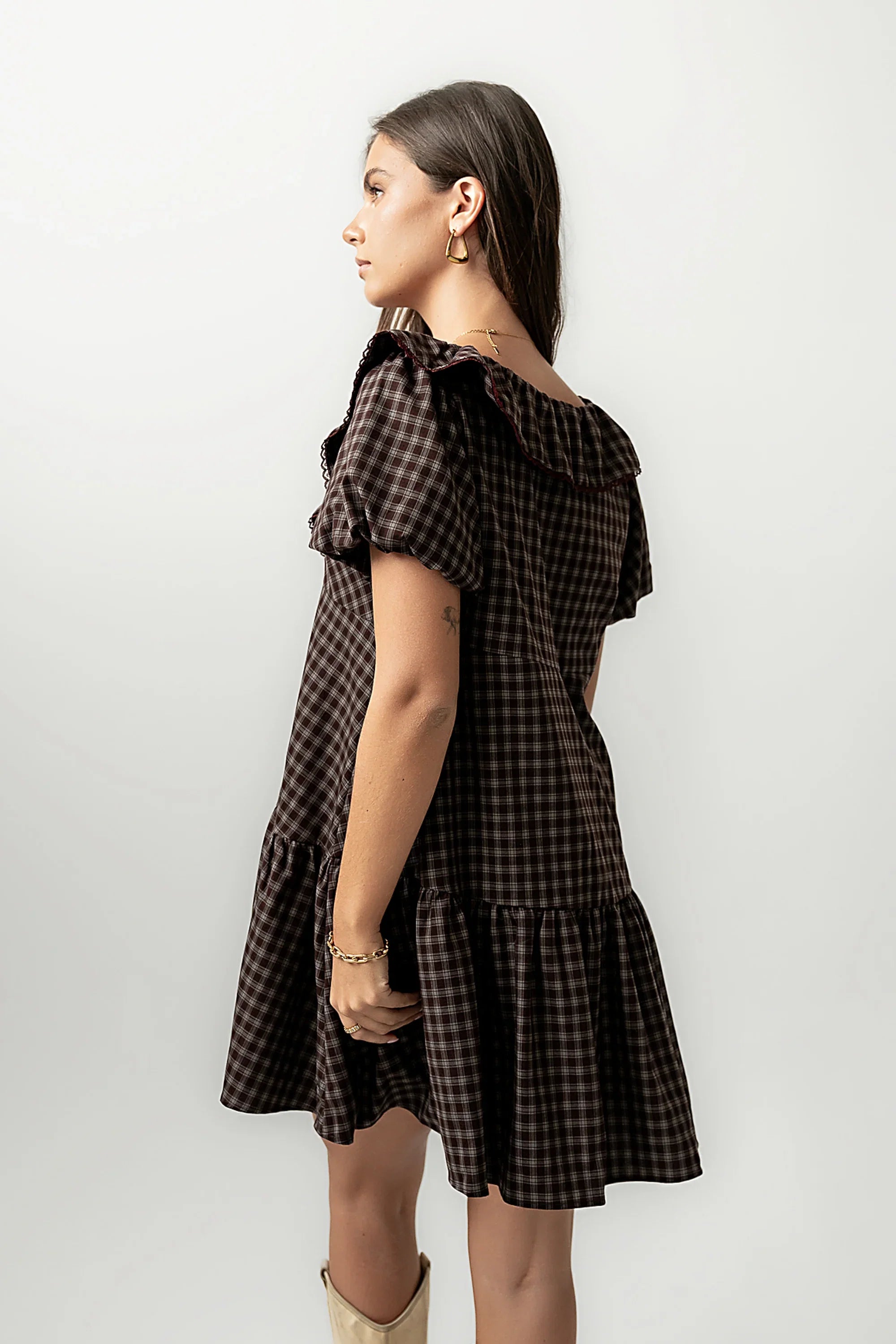 Tony Gingham Baby Doll Dress in Brown FINAL SALE
