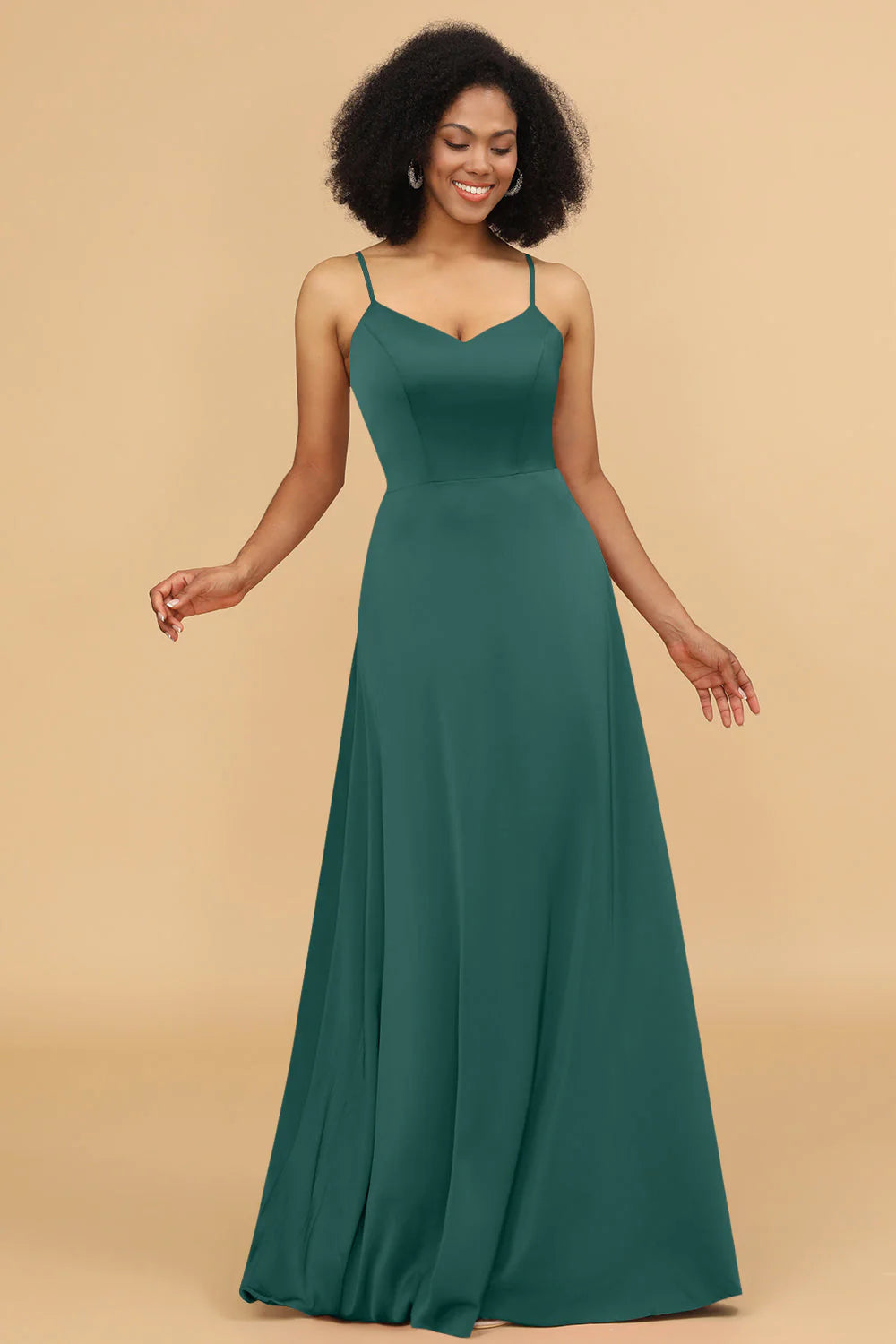 A Line Spaghetti Straps Floor Length Satin Bridesmaid Dress