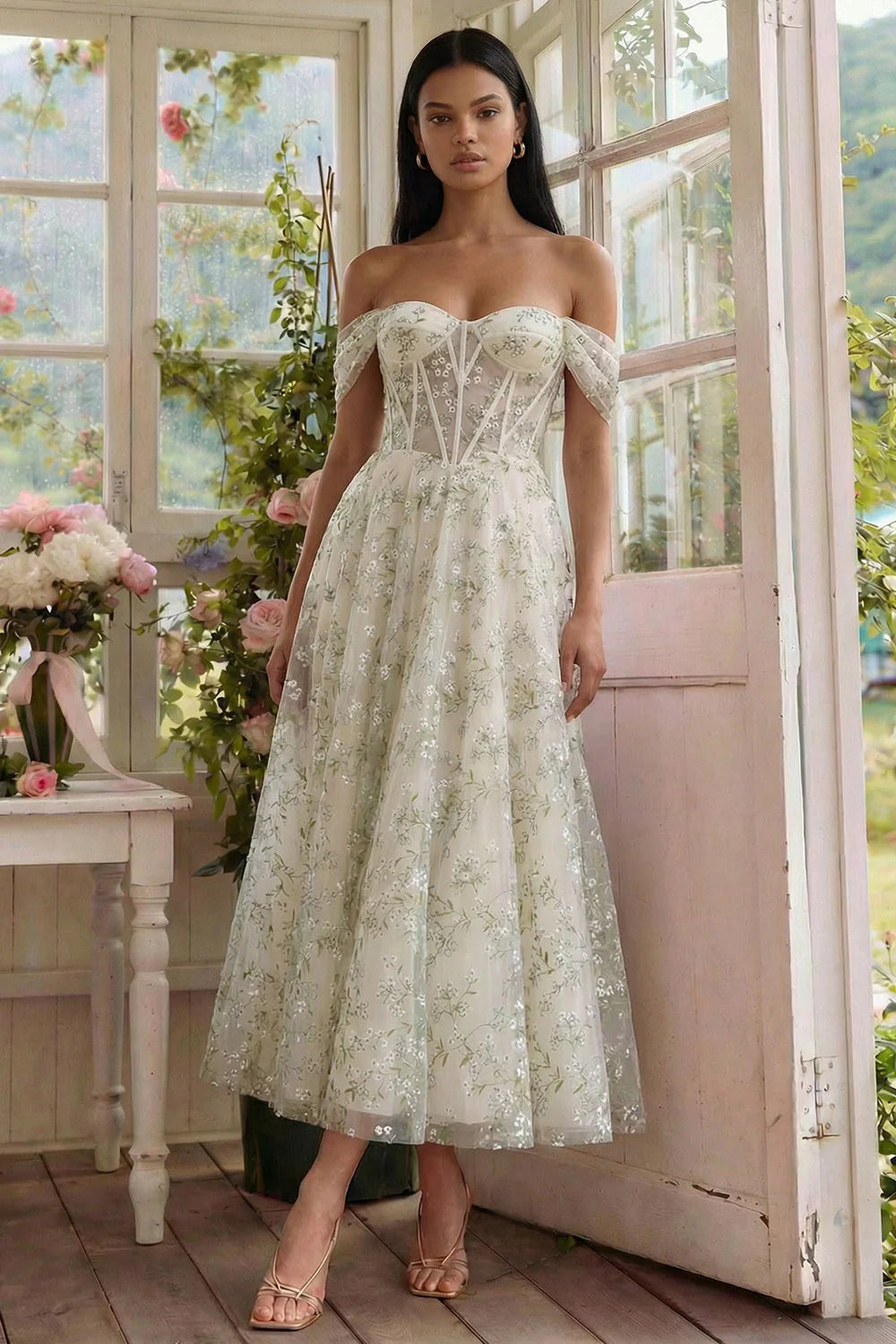 Off the Shoulder Corset A Line Light Green Floral Wedding Guest Dress