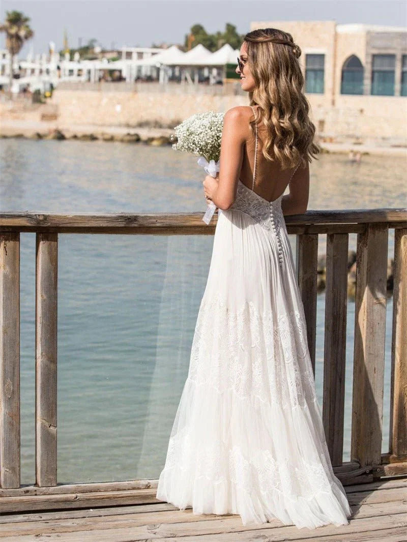 Simple A Line V Neck Sleeveless Spaghetti Straps Beach Wedding Dresses
