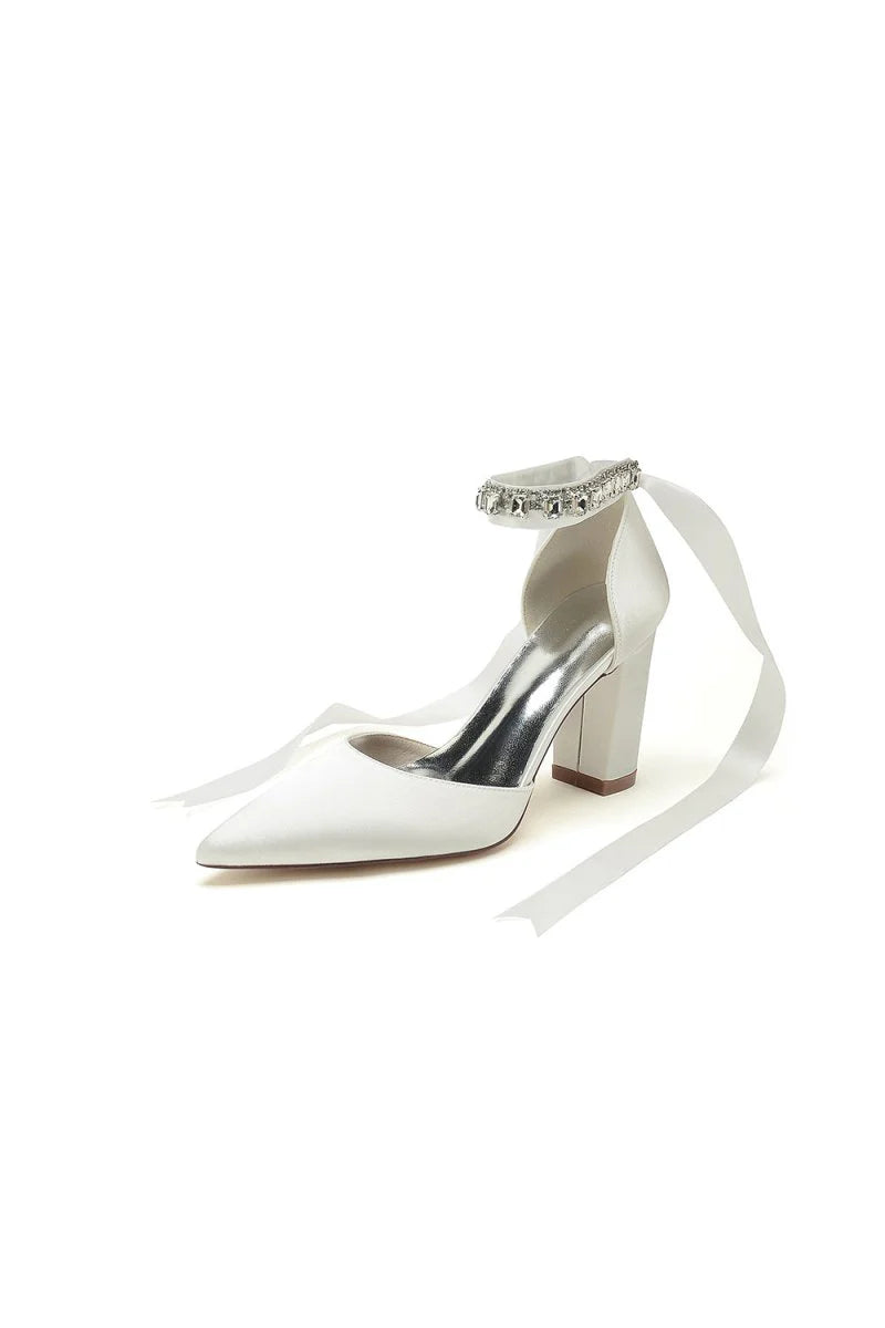 Rhinestone Ribbon Pointed Toe Ankle Strap Chunky Heel