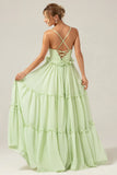 A Line Spaghetti Straps Backless Long Green Bridesmaid Dress With Ruffles