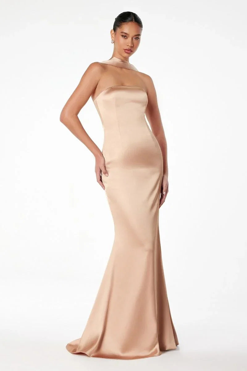 Brynn Maxi Dress Strapless Fitted Satin Dress With Scarf