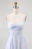 Blue Flower A Line Spaghetti Straps Backless Bridesmaid Dress