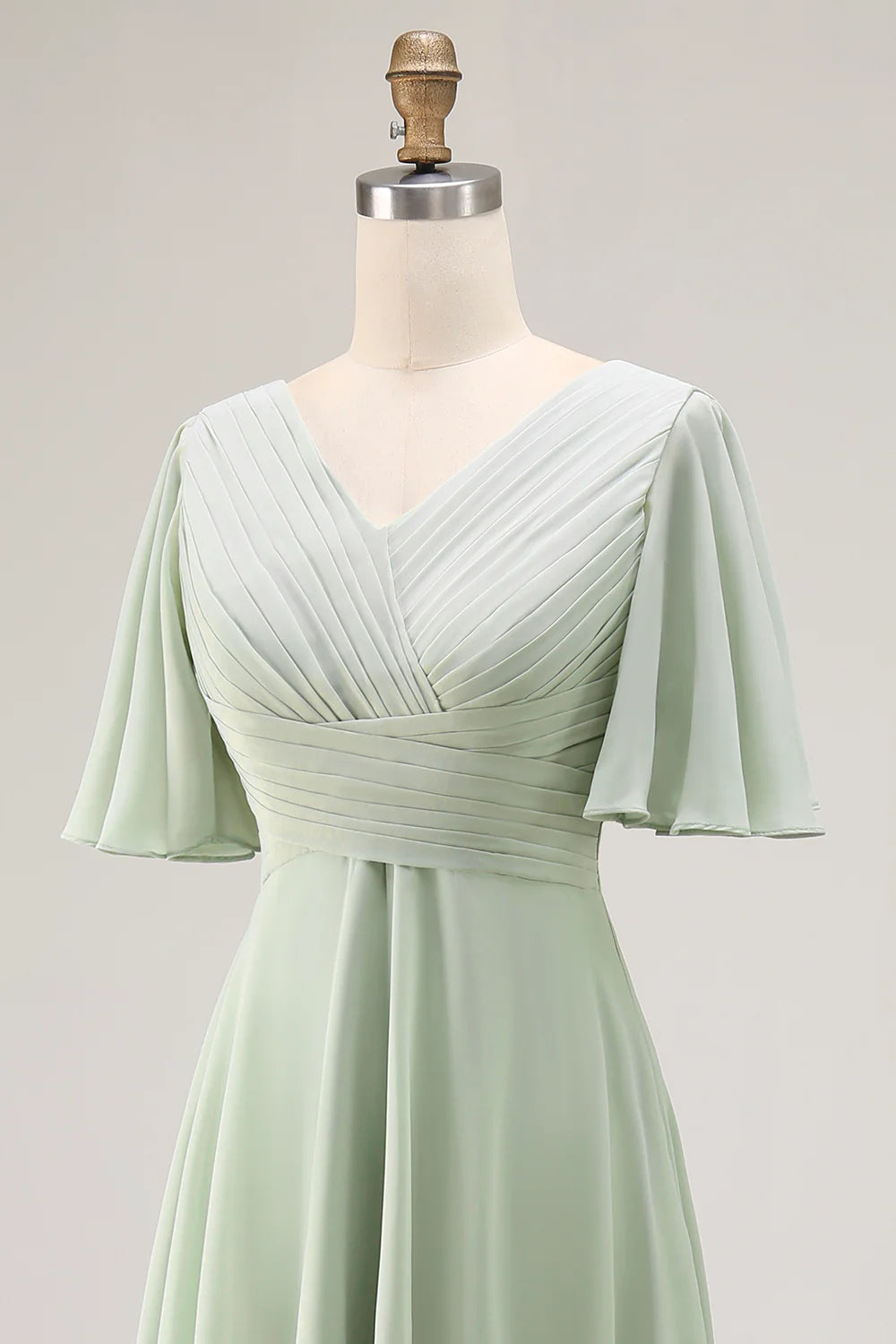 Sage Green A Line Chiffon Pleated High Low Bridesmaid Dress with Short Sleeves