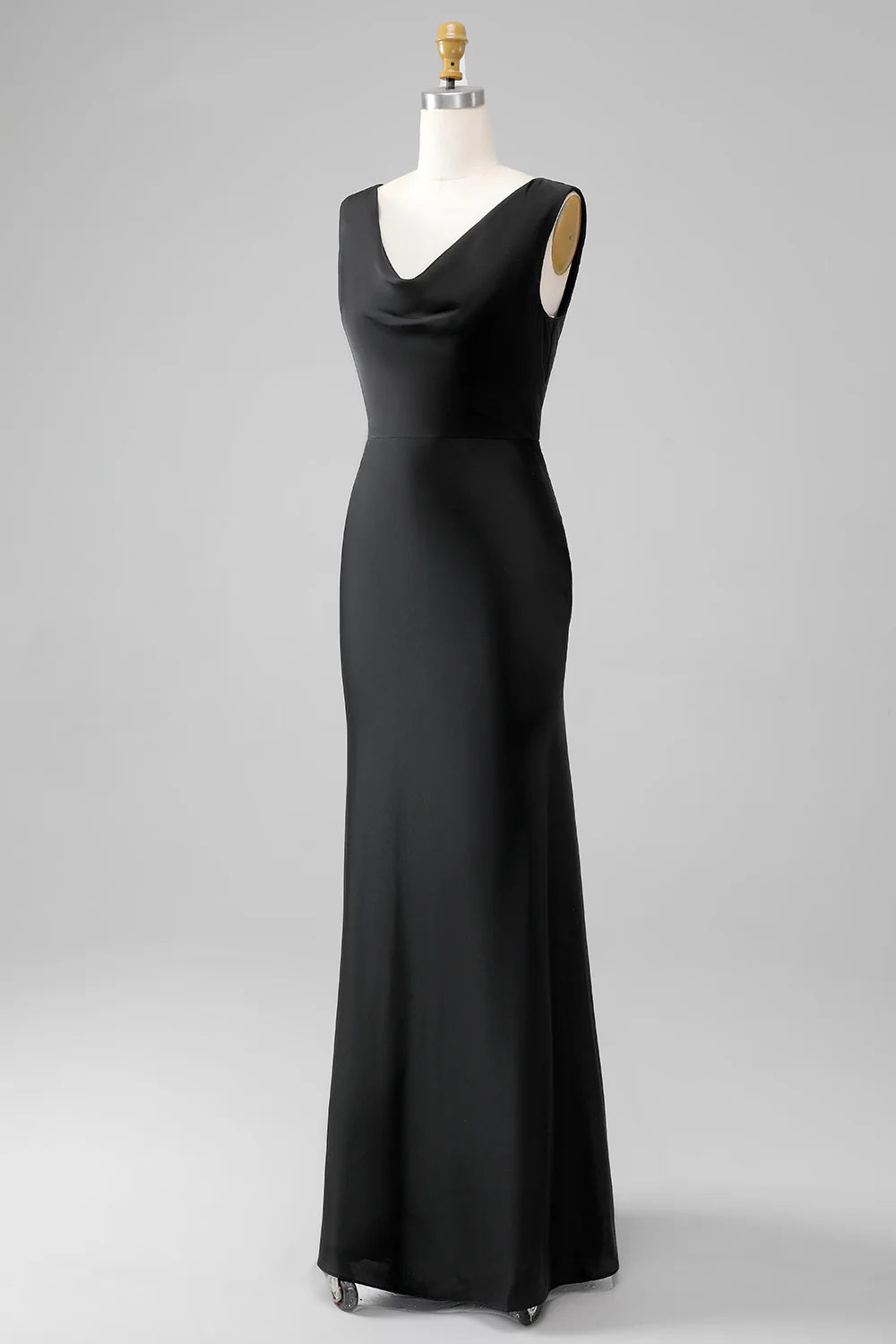 Black Sheath V Neck Sleeveless Floor Length Satin Bridesmaid Dress