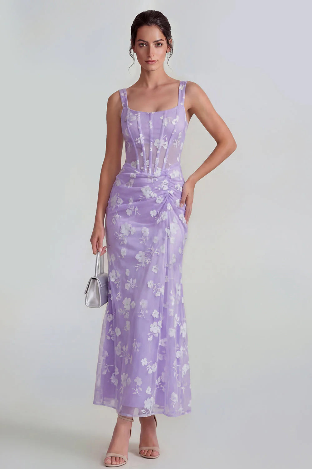 Floral Pink Ruched Mermaid Corset Wedding Guest Dress