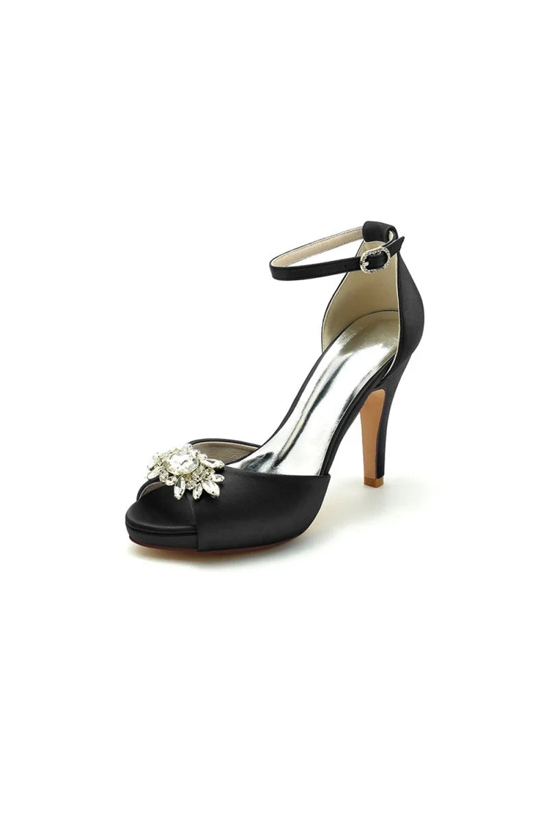 Royal Blue Silk Heels with Crystal Flower Ornament