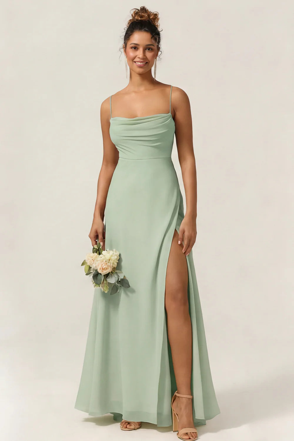 Blue Flower A Line Spaghetti Straps Chiffon Long Bridesmaid Dress with Slit