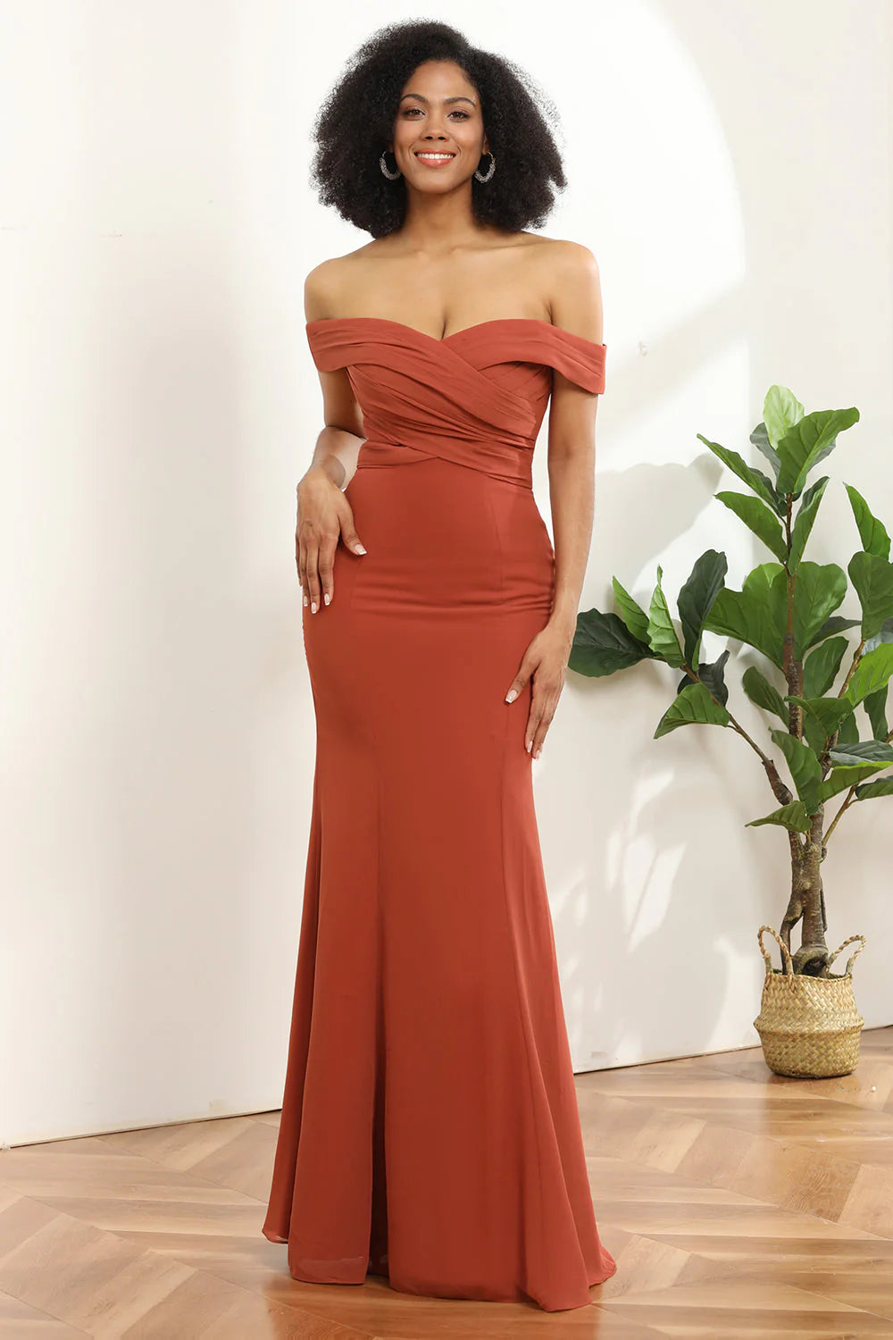 Terrocotta Mermaid Off The Shoulder Long Chiffon Bridesmaid Dress
