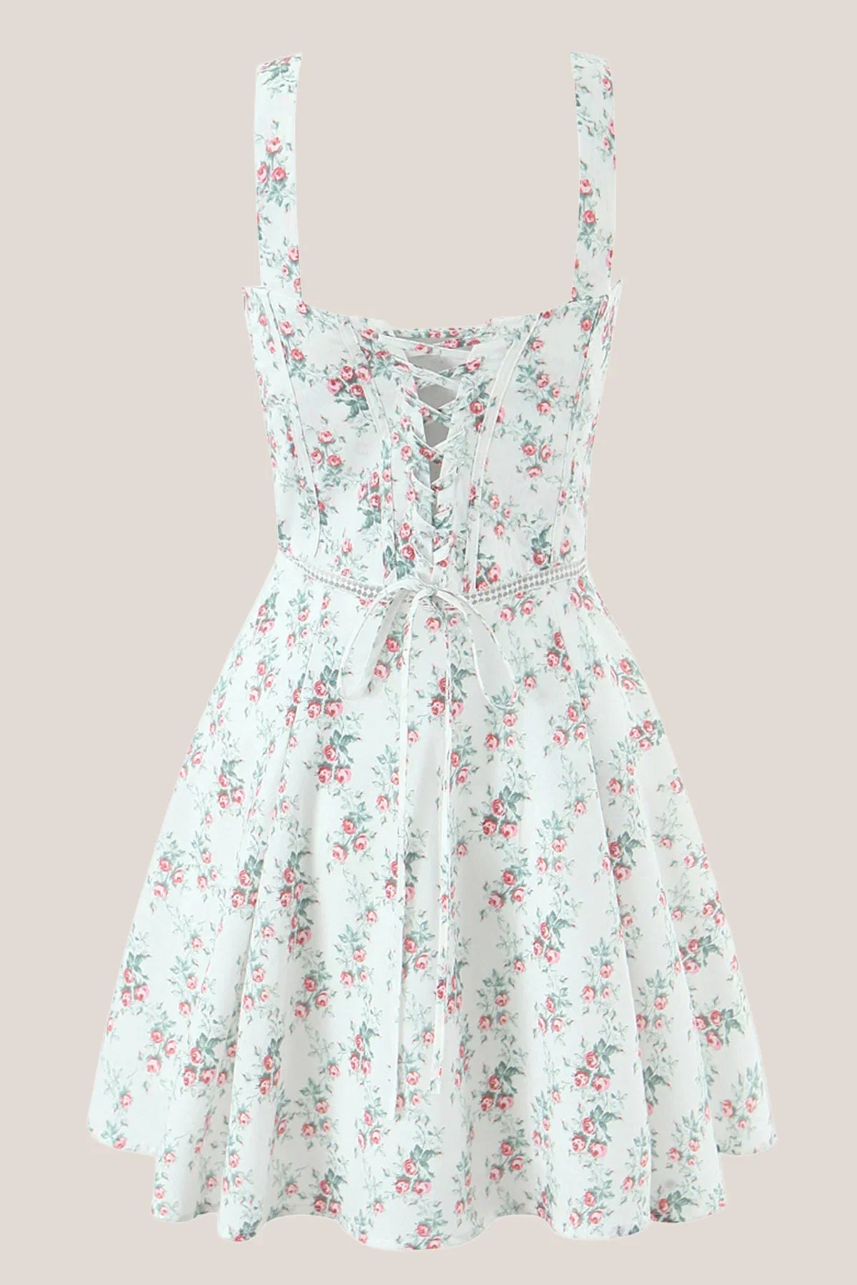 White Vintage Rose Printed A Line Cotton Mini Dress